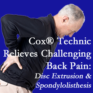 Manchester chiropractic care with Cox Technic alleviates back pain due to a painful combination of a disc extrusion and a spondylolytic spondylolisthesis.